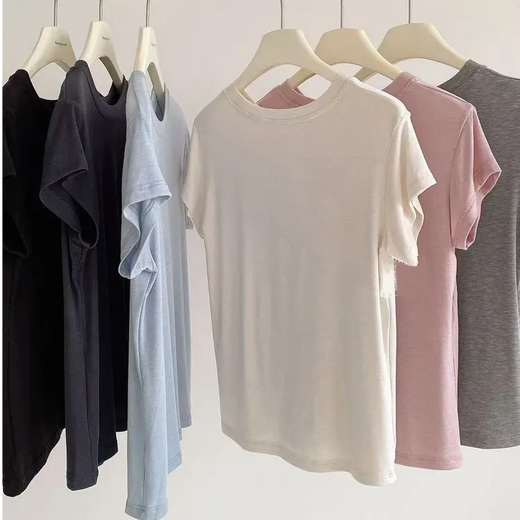 莱赛尔t恤轻薄亲肤莱赛尔醋酸棉羊毛T恤女夏季修身圆领短袖