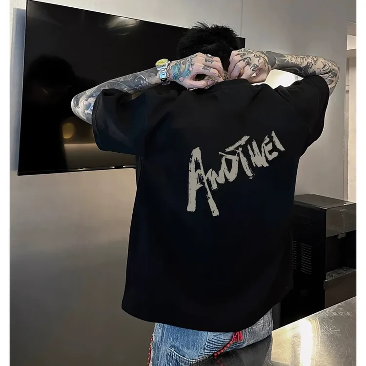 纯棉美式潮牌短袖男宽松潮流夏季个性渐变字母印花t恤半袖ins