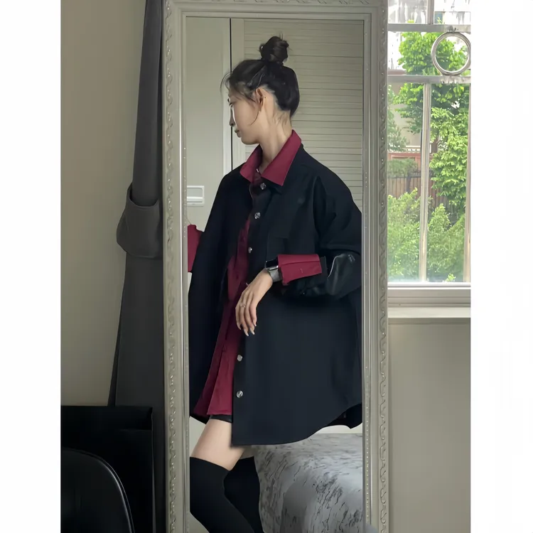 大码套装新款酒红色衬衣+休闲风慵懒风气质皮拼接黑外套宽松女