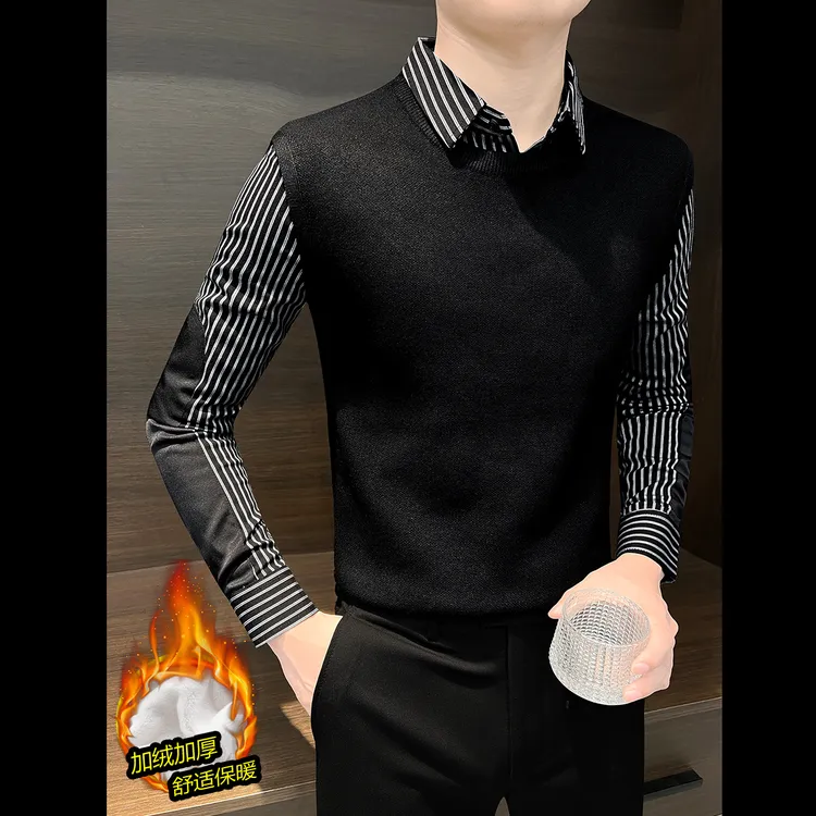 假两件衬衫男款长袖爆款2025新款冬季加绒加厚保暖针织男士打底衫