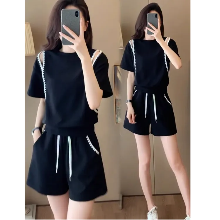 网红休闲运动服套装女夏季新款高端气质花边领露肩短袖短裤两件套