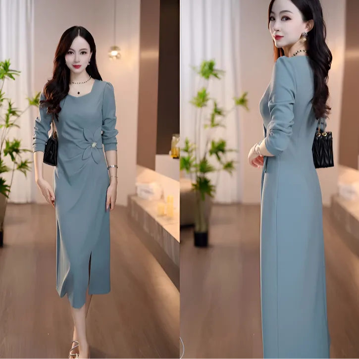 新品2025年秋季新款莫兰迪蓝腰部浮花名媛优雅时尚气质显瘦连衣裙