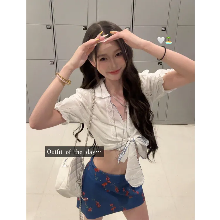 提花绑带小衫女夏2025新款白色短袖衬衫上衣蓝色碎花半身裙女套装