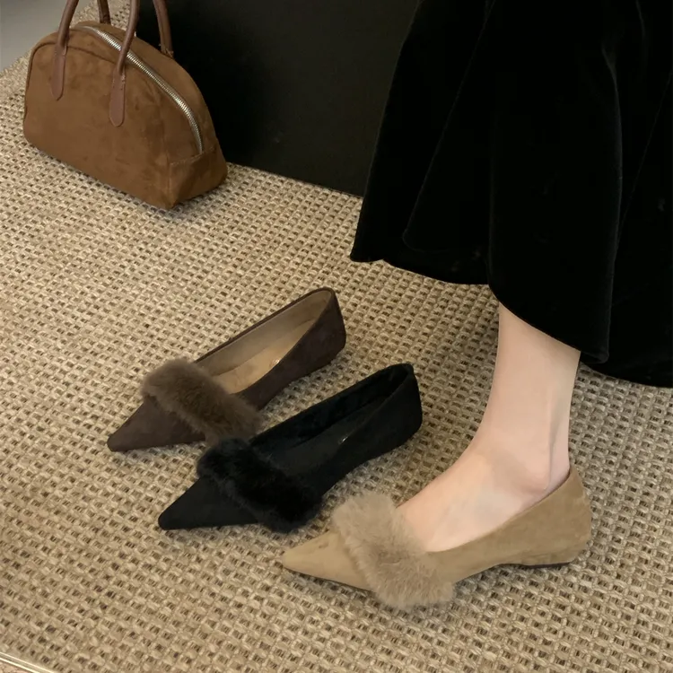 【3种跟】黑色尖头单鞋女鞋子2025新款秋冬温柔晚晚鞋配裙子毛毛鞋