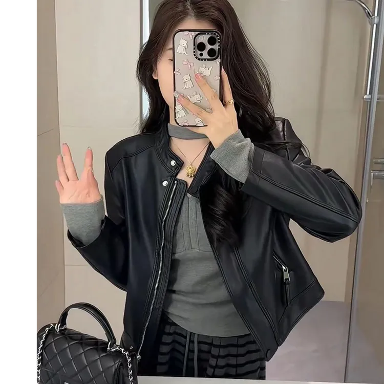 欧货立领时尚皮衣短款外套女2025春季新款休闲气质夹克上衣机车服