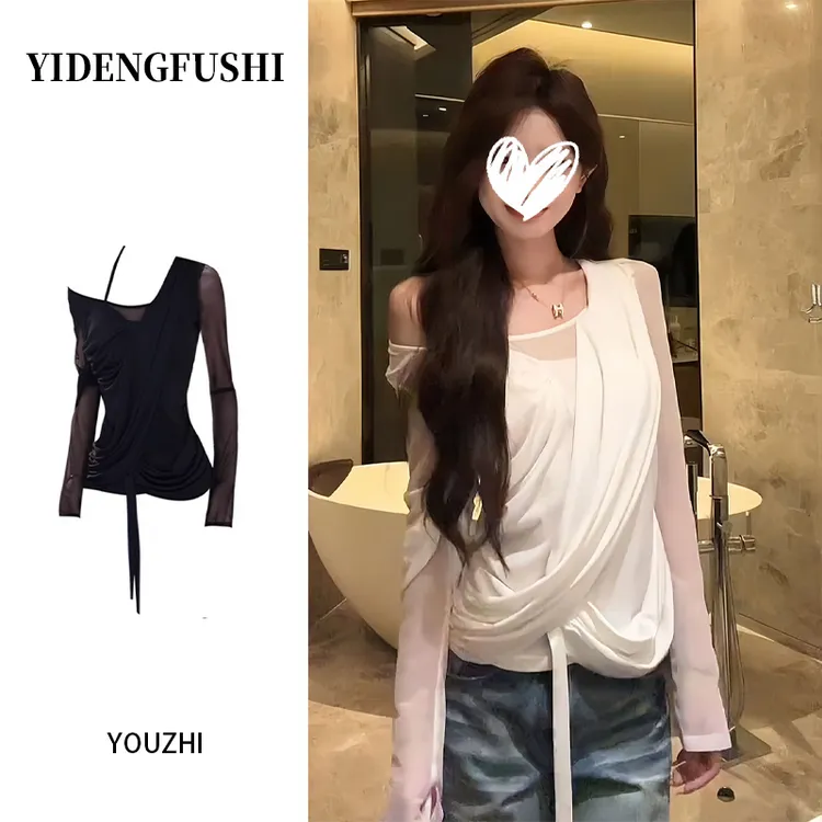 YIDENG秋季纯欲设计感交叉斜肩网纱拼接长袖T恤辣妹不规则女上衣