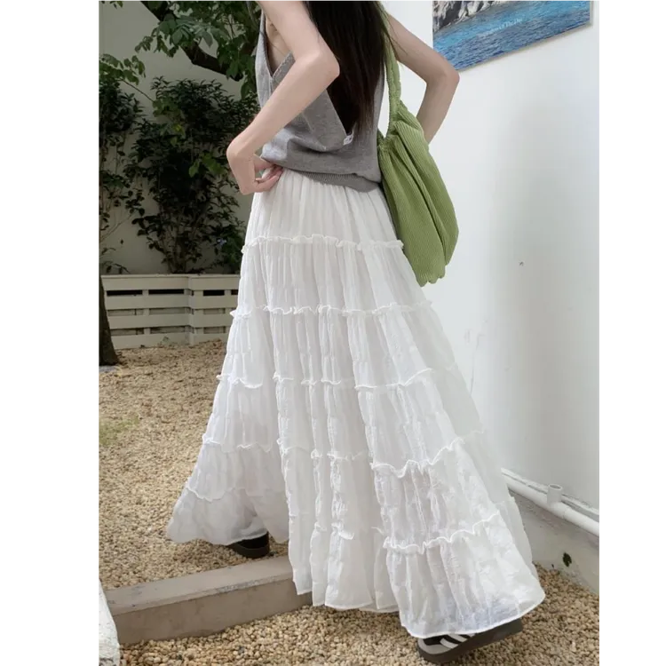 新款韩版百搭肌理感显瘦春夏A字半身裙木耳边拼接蛋糕裙长裙2025