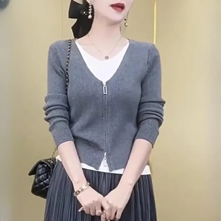 香朵儿假两件拼接洋气减龄针织衫2025春秋新款职业通勤女装打底衫