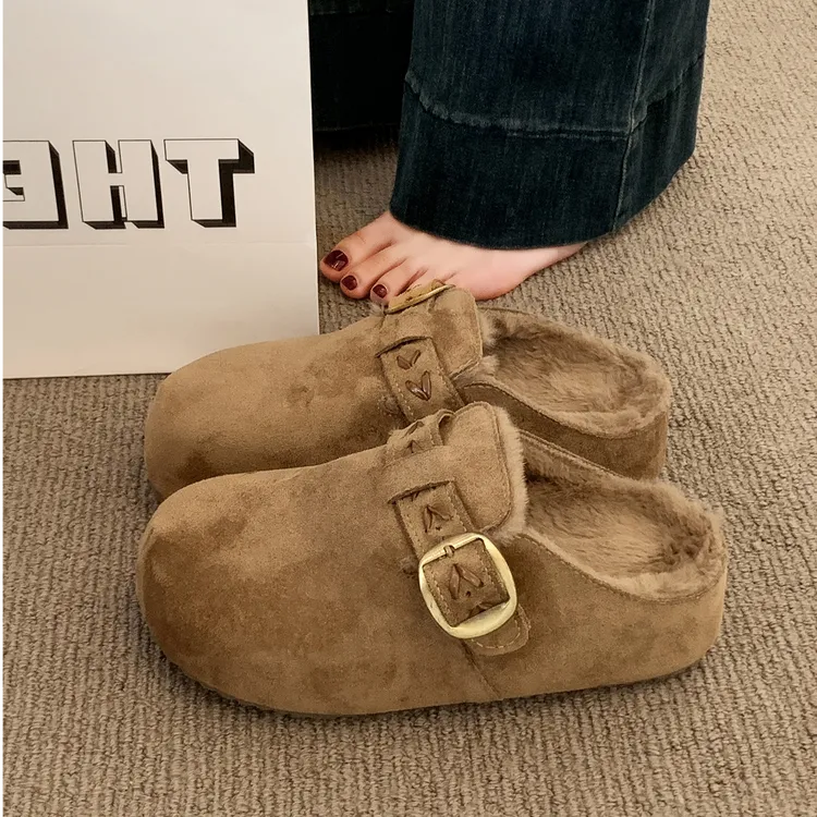 厚底包头半拖毛毛鞋女加绒豆豆勃肯鞋2025新款冬季鞋子一脚蹬棉拖