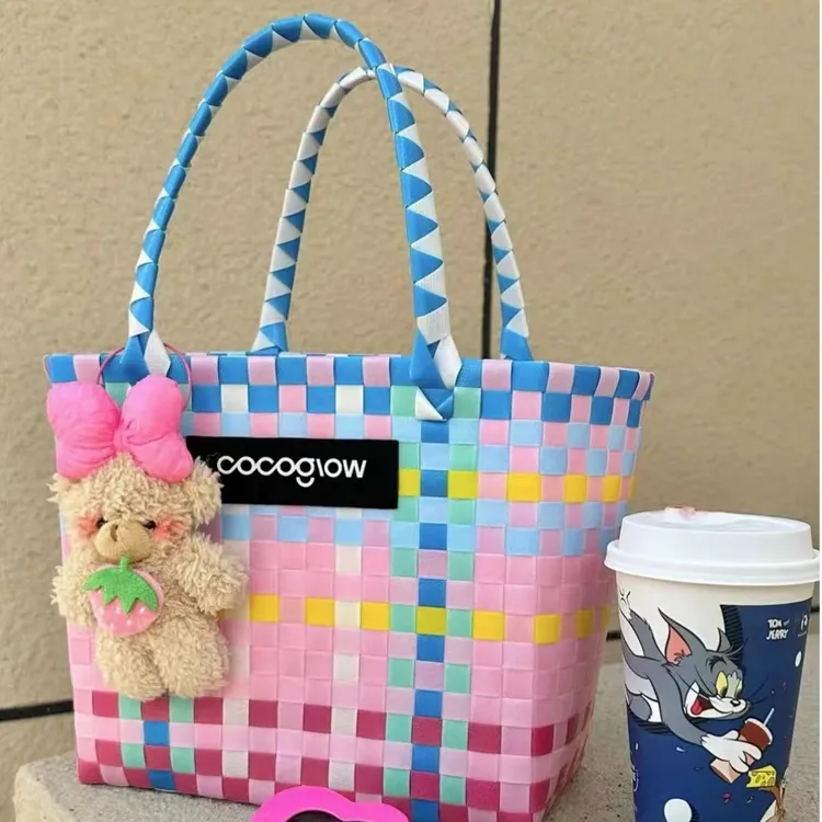 大容量多巴胺女士手提包菜篮子夏季沙滩逛街通勤饭盒儿童手工编织