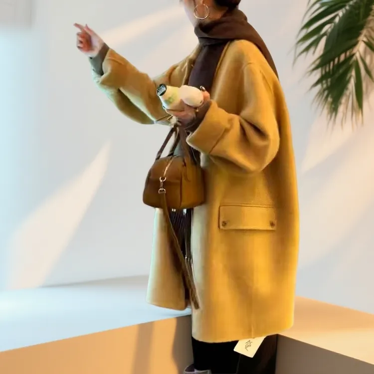 2025韩版女常规袖中长款秋冬呢大衣百搭毛呢外套时尚宽松25972