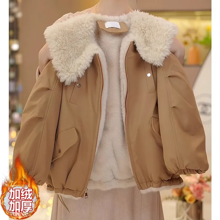 女童加绒派克服外套2025新款秋冬加厚大翻领棉服时髦毛毛衣工装风