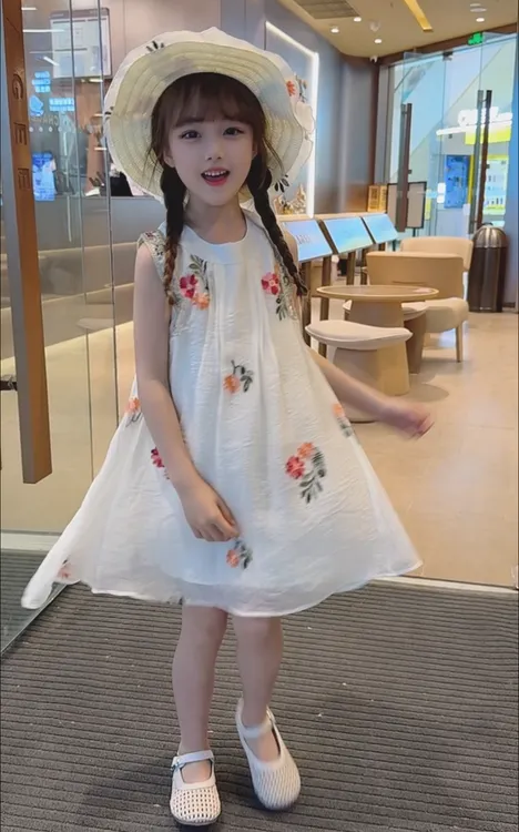 【送帽子】刺绣花朵女童连衣裙夏季无袖新款裙子公主甜美风洋气女孩
