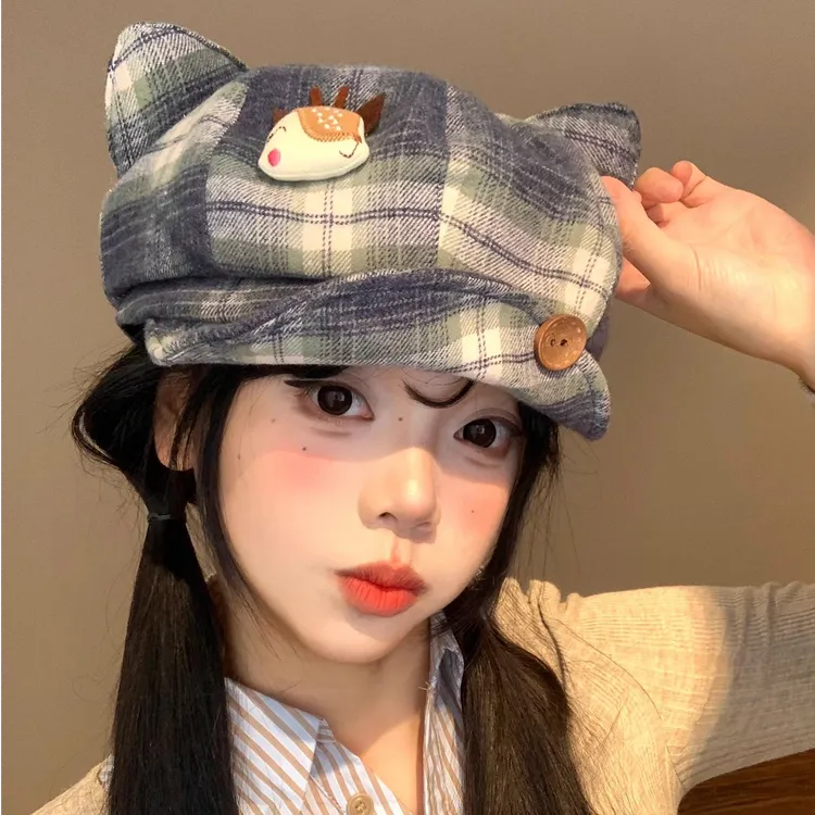 可爱格纹小鹿耳朵贝雷帽女秋冬季韩版显脸小八角帽大头围画家帽子