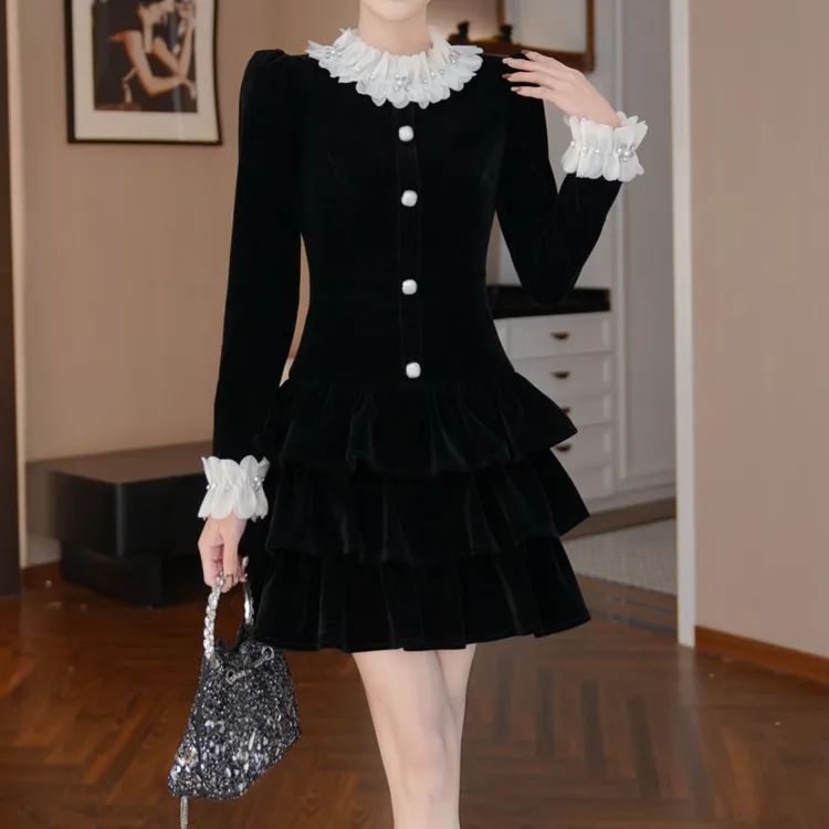 2025秋冬新品名媛少女减龄气质收腰修身显瘦连衣裙21995