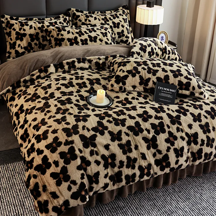 冬季豹纹系列轻奢法式美拉德系列加厚兔兔绒床单床盖床笠四件套件