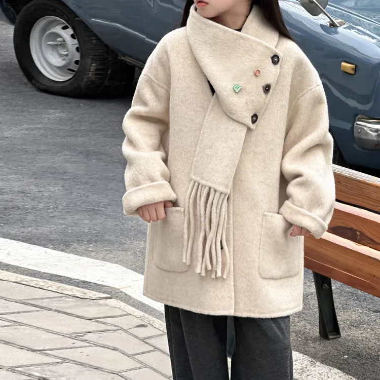 蓬蓬韩系秋冬新款女童加棉加厚大衣儿童毛呢子外套中大童中长围巾
