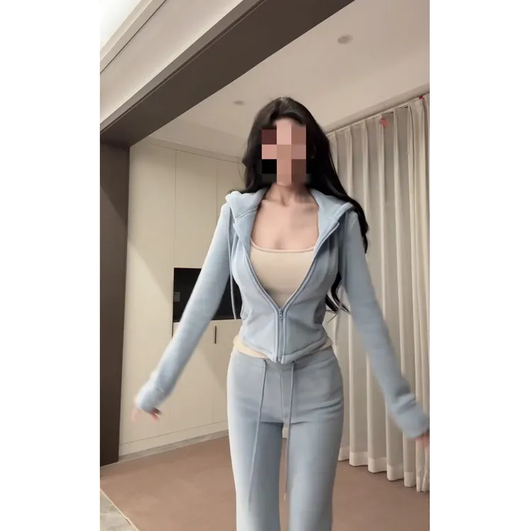 休闲运动风套装女秋冬加厚显身材拉链卫衣直筒长裤显瘦保暖两件套