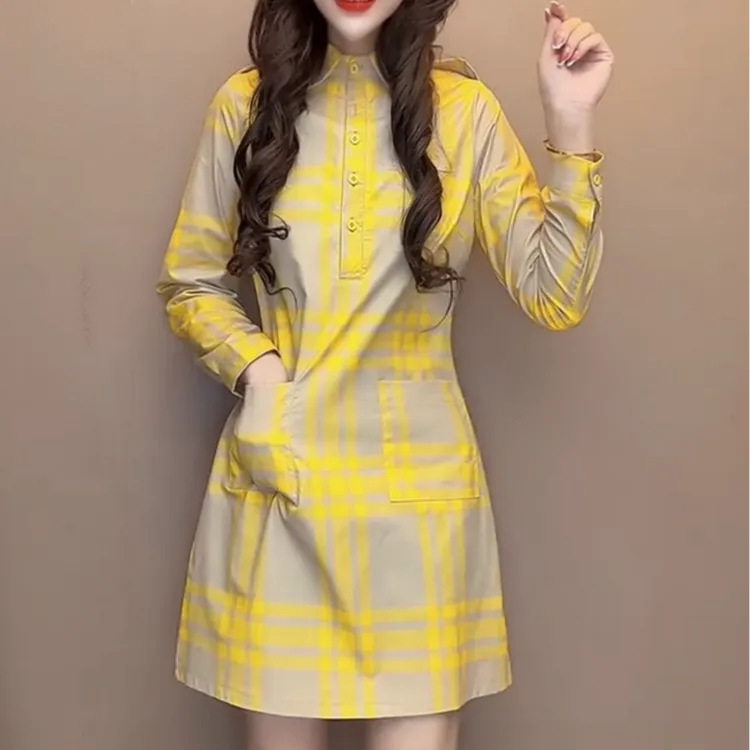 新中式春夏中腰长袖格子连衣裙女装显瘦气质