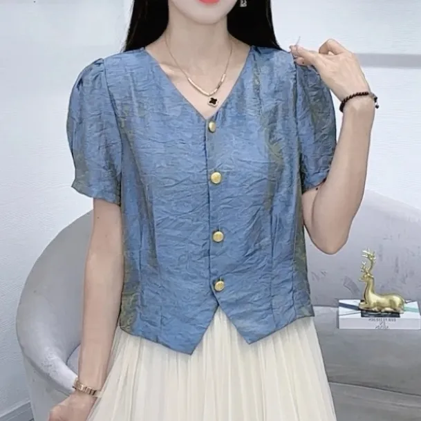 【全额运费补贴】常规款V领夏季短袖单排多扣衬衫小衫小众法式上衣