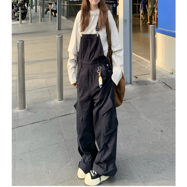 藏蓝色美式复古多口袋工装牛仔背带裤女情侣休闲阔腿通勤拖地长裤