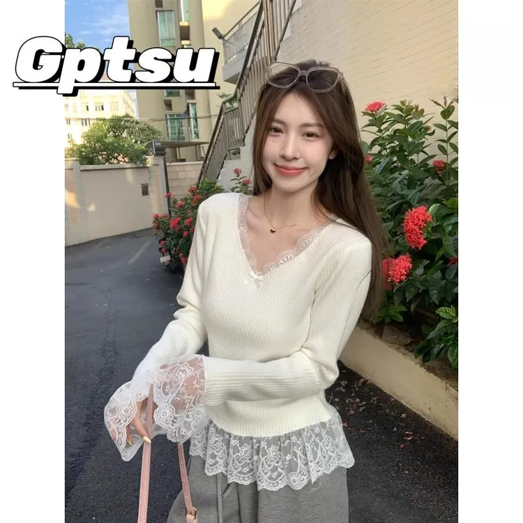 GPTSu纯欲蝴蝶结蕾丝边V领长袖针织打底衫女修身内搭毛衣早秋上衣