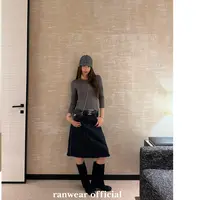 Ranwear 私服 B*V限量款！复古gao级感独特毛边压线A字撞色牛仔裙