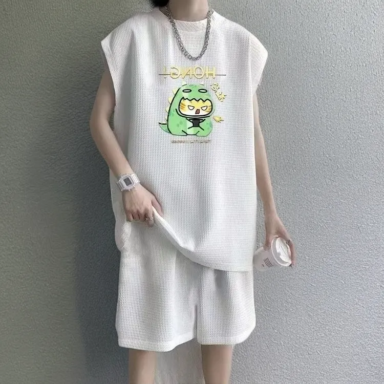 无袖宽松搭配帅气男装中裤夏季运动服套装背心无袖华夫格无袖一套