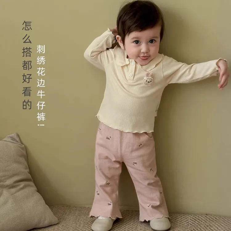 女童绣花喇叭裤新款秋季女宝宝洋气韩版休闲裤儿童秋装花边裤子