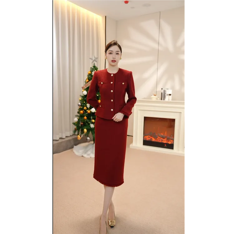 钟老板 粗花呢红色小香风套装裙女秋冬时尚显瘦外套半身裙两件套