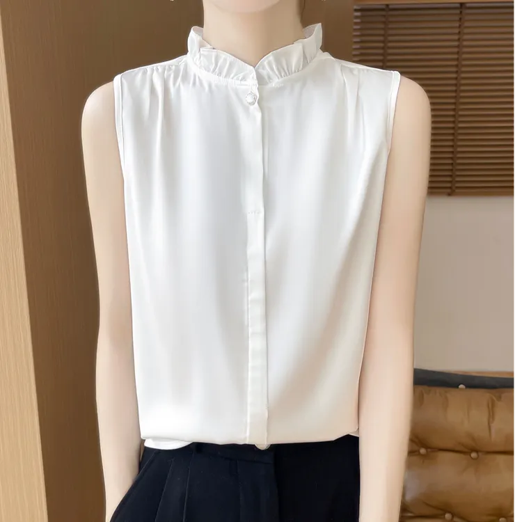 高品质 女士缎面衬衫 木耳领无袖衬衣 轻奢时尚百搭 年轻减龄气质