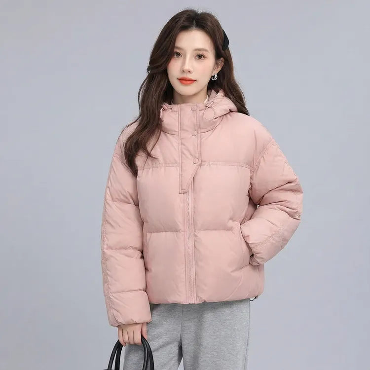 女冬季白鸭绒羽绒服短款粉色半门襟加厚连帽保暖外套气质休闲2301