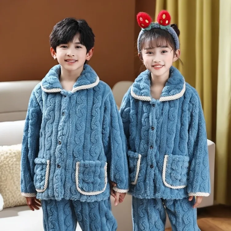 儿童秋冬季法兰绒睡衣男童女童珊瑚绒加厚加绒宝宝套装大童家居服