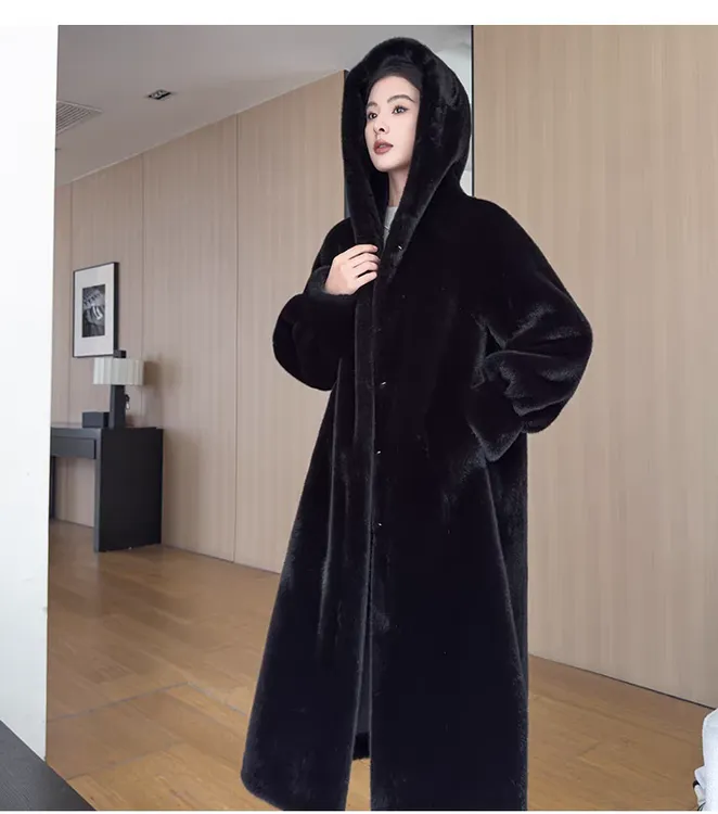 新款【813款M-T】冬季环保毛大衣米兰貂绒时尚气质高端连帽中长款