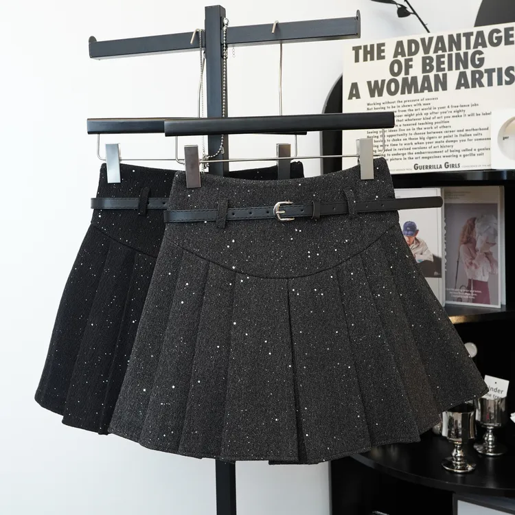 亮片毛呢高腰显瘦半身裙女秋冬2024年韩版百搭防走光a字百褶短裙