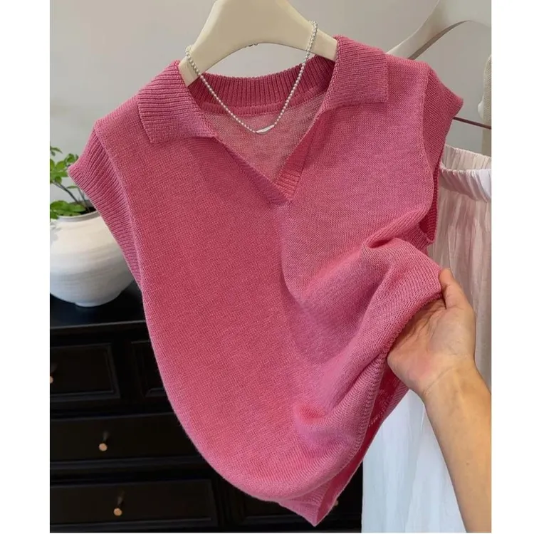 2025新款韩系粉红色粉嫩嫩复古polo领针织T恤女夏季软糯亲肤修身