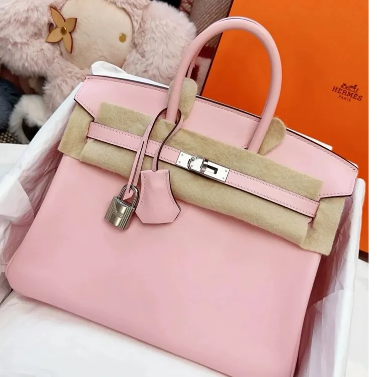 99新 Hermes/爱马仕 小花JerryBirkin 25 新樱花粉 Y刻 银扣包 