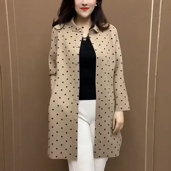 春秋款时尚波点中长款外套2025新款宽松休闲百搭纽扣开衫女装大衣