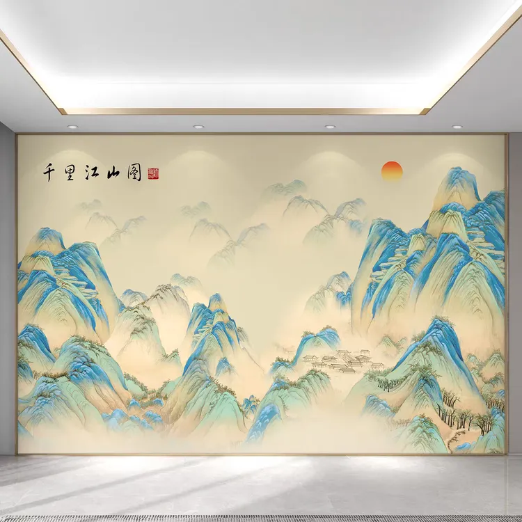 新中式电视背景墙壁布3d山水顺风顺水壁纸客厅茶室沙发墙定制壁画