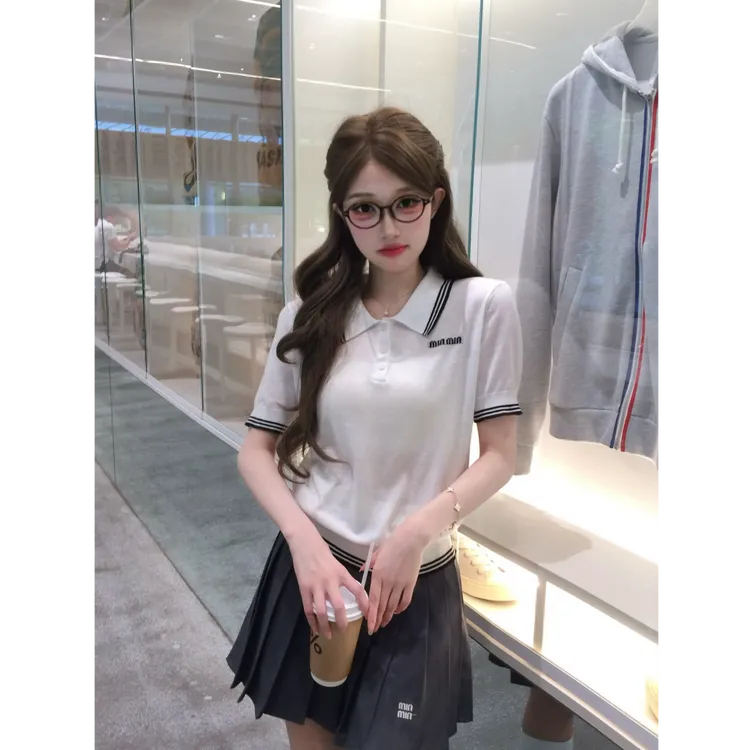 【伦敦早课】夏季新提花拼色条纹翻领短袖针织polo衫+拼接短裙7132