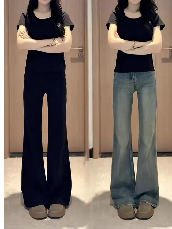 复古微喇牛仔裤女2025新款高腰时尚弹力显瘦胖mm直筒喇叭裤子