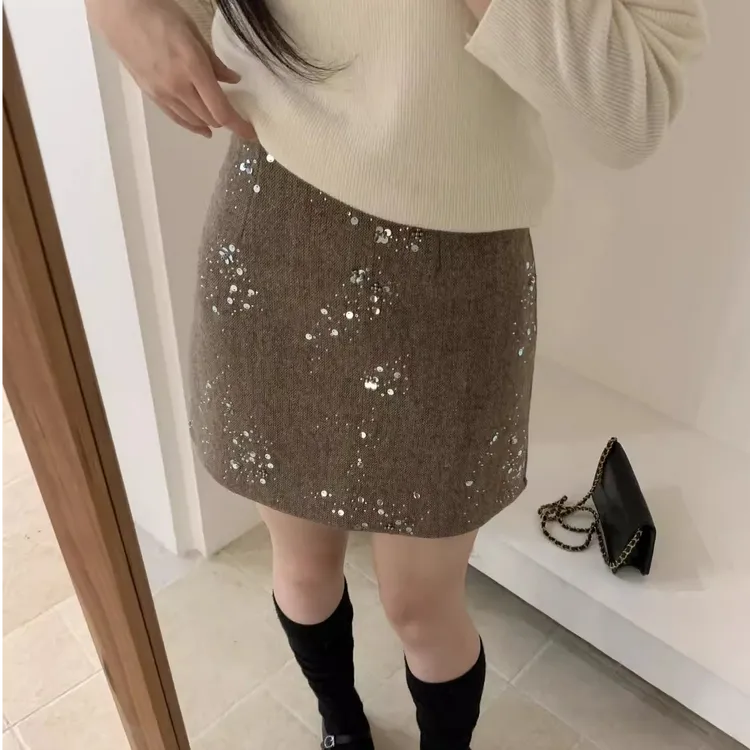 秋冬裙子亮片厚款A字裙A型高腰极简风半身裙显瘦时尚重工包臀网红