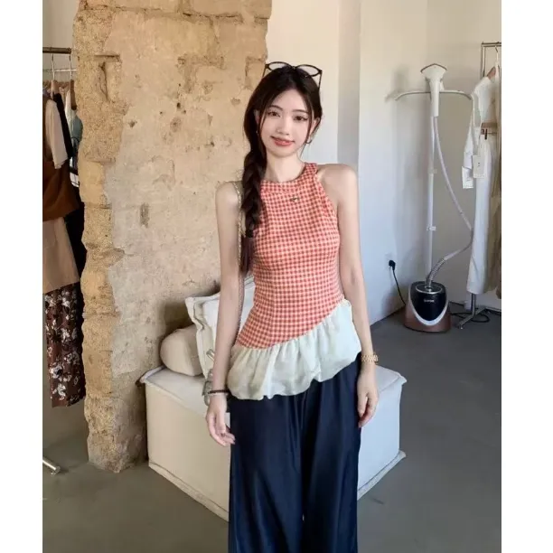 新款小众修身辣妹格子上衣设计感不规则拼接无袖吊带背心女装夏季