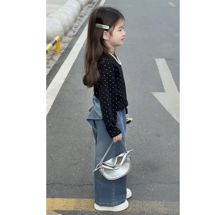 韩国童装女童春装2025新款洋气时髦套装波点长袖上衣蝴蝶结牛仔裤