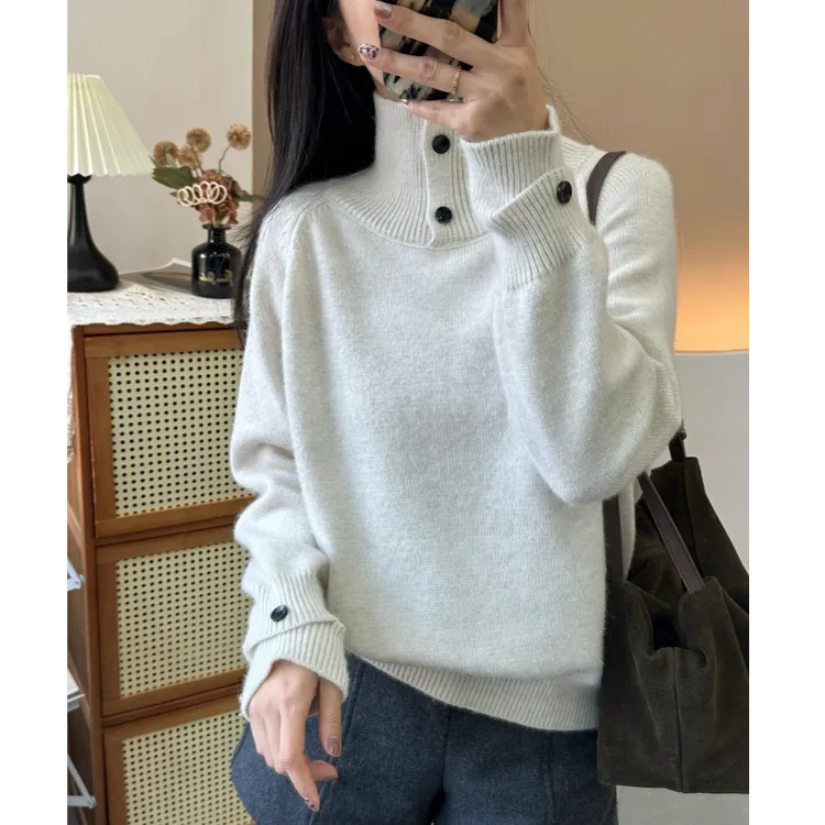 设计感纽扣高领毛衣慵懒风韩系翻领针织衫秋冬新显瘦秋冬毛衣