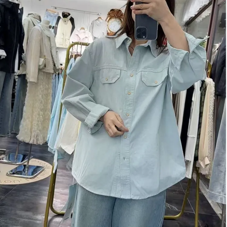 春季磊韩范宽松纯色慵懒风时尚洋气衬衫外搭上衣学生减龄牛仔布
