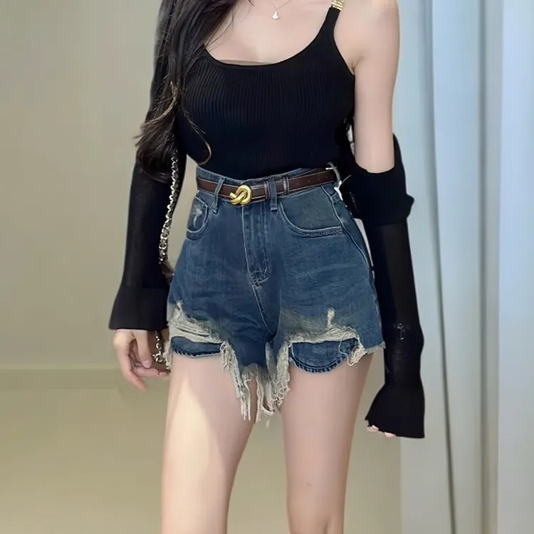 2025夏季新款牛仔高腰韩版短裤女宽松破洞chic流苏a字阔腿热裤潮