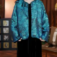 蓝色油丝老料（外套）碎花秋季双层复古单排扣长袖女短外套25142