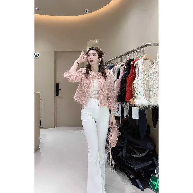 涵儿家 秋冬小香风重工流苏金属扣针织外套 VS高腰喇叭牛仔裤0051