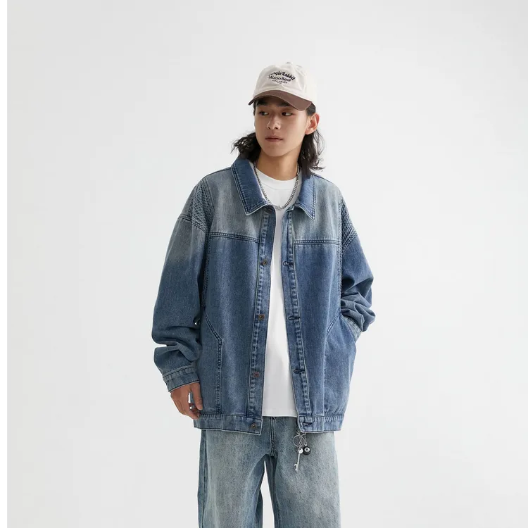 UN25新款华夫格拼接牛仔外套男春秋休闲设计工装牛仔翻领外套